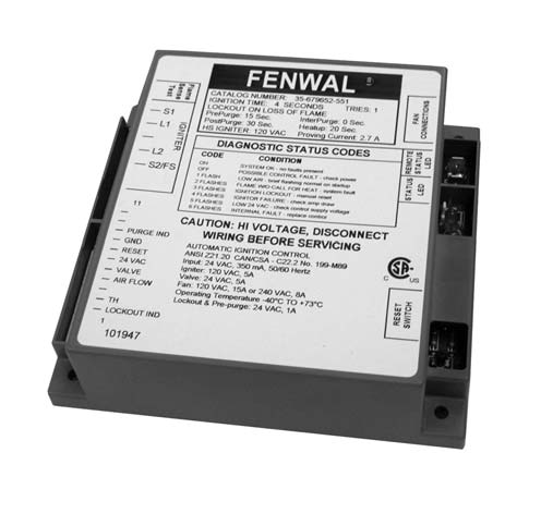 Fenwal 35-671922-151 Microprocessor-Based Proven Hot Spark Igniter Control with Combustion Blower Relay No Indicators With Inducer 1 TFI Local Sense Lockout On Flame Loss 4-Seconds 15-Second Prepurge 15-Second Interpurge 0-Second Postpurge